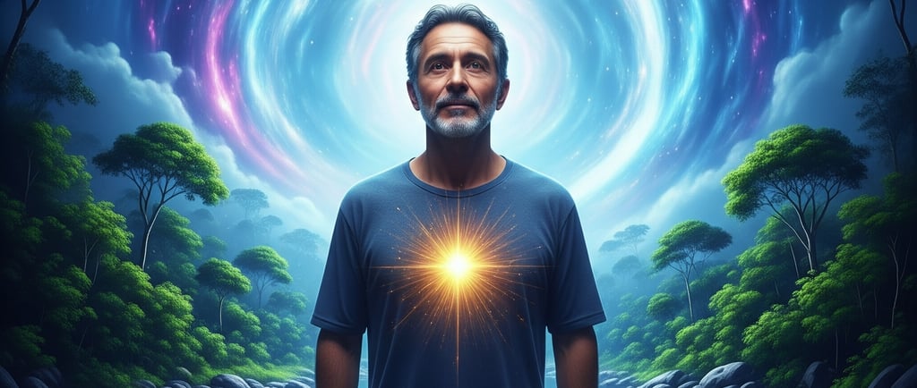 Homem com brilho no peito, entre um portal etéreo e natureza exuberante