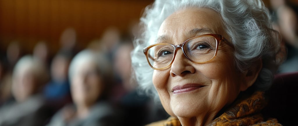 Una señora mayor sonriente sentada en un auditorio lleno