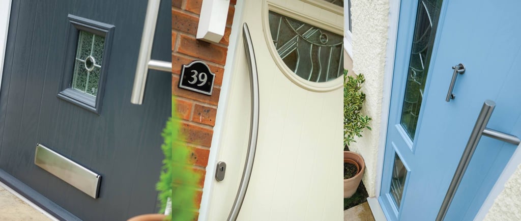 grey composite door with long handle, cream door with pattern glass, duck egg blue composite door