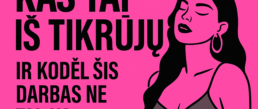 „Konsumacija – kas tai iš tikrųjų?“ – ryškiai rožinis plakatas su drąsiu užrašu ir stilingos merginos iliustracija, simbolizu