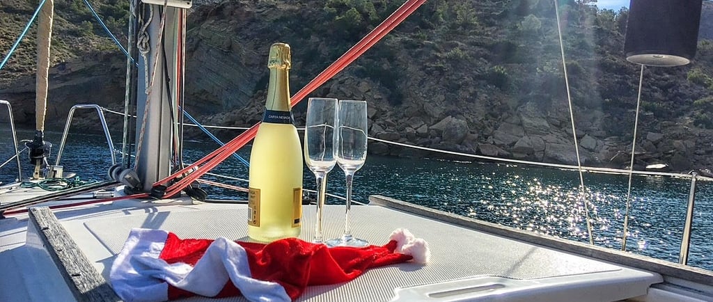 Champagne glasses on a sailing boat at Christmas