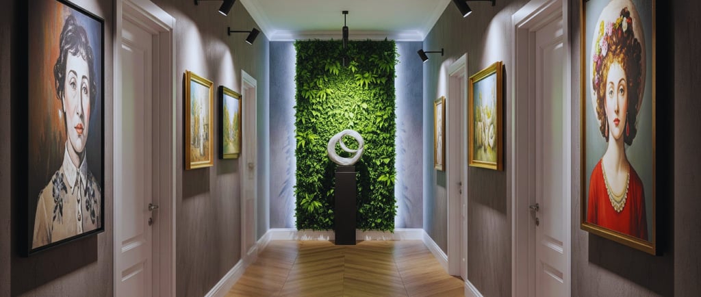 un corridoio con ai lati porte bianche e quadri illuminati. infondo una parete con verde stabilizzato e una scultura