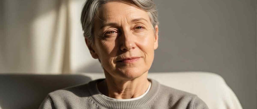 Pessoa sentada em um ambiente calmo, luz natural suave, expressão serena porém levemente cansada.