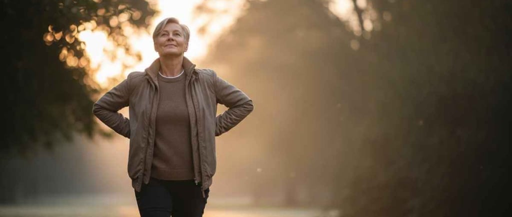Pessoa caminhando em um parque tranquilo ao amanhecer, postura confiante, expressão serena, luz natural suave
