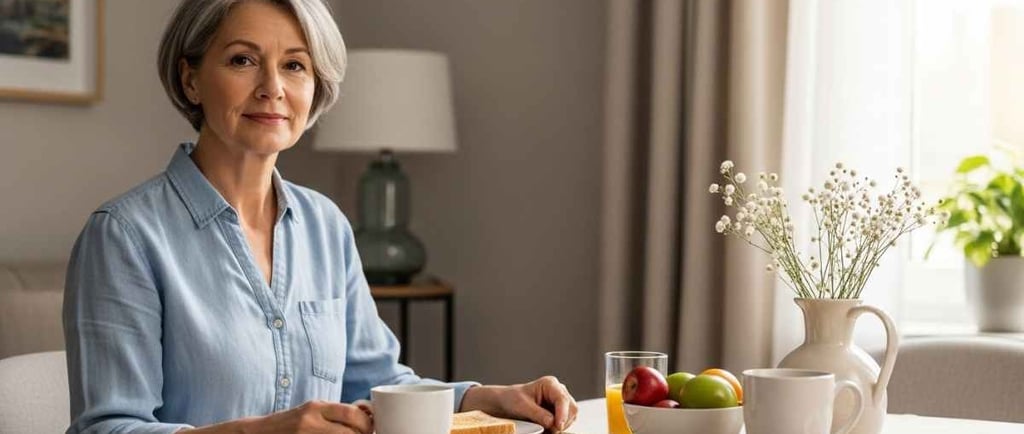 Mulher de 60 anos desfrutando de café da manhã saudável em casa, transmitindo equilíbrio e bem-estar com luz natural.