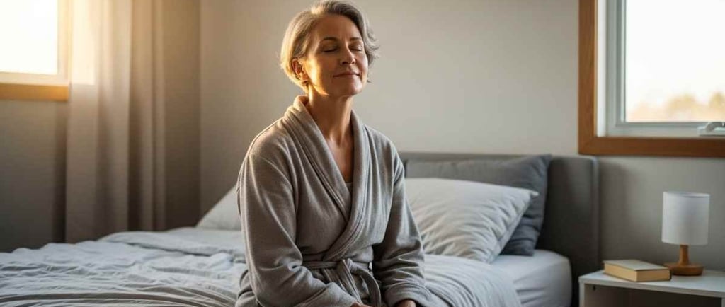 Pessoa madura sentada na cama ao amanhecer, luz natural suave entrando pela janela.