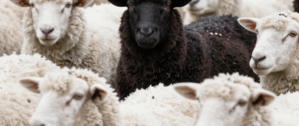two white and one black lambs beside road