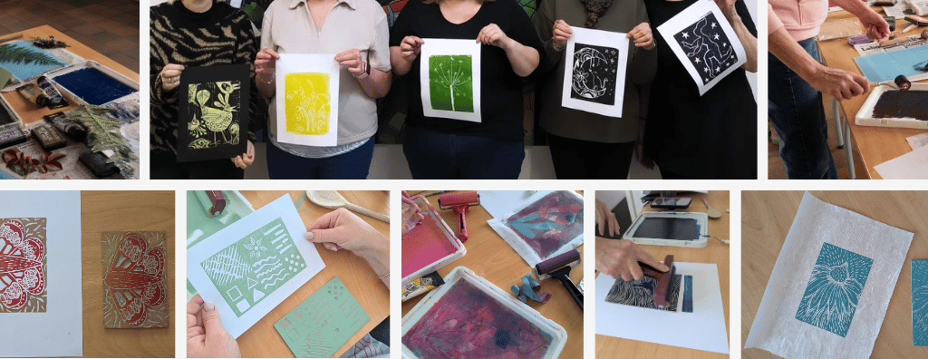 A collage showing artists creating handmade linocut prints in a creative workshop in Essex