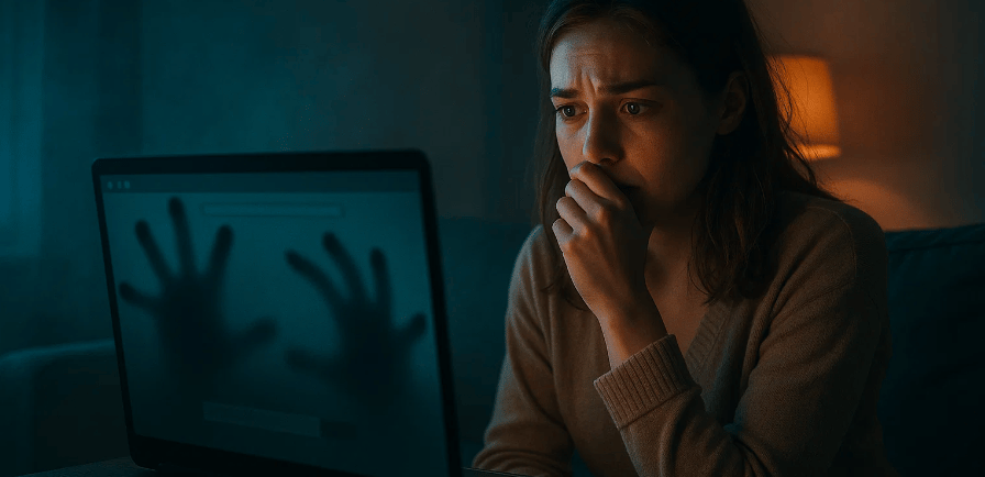 Une femme assise seule dans un salon faiblement éclairé, le visage éclairé par la lumière de l'ordi