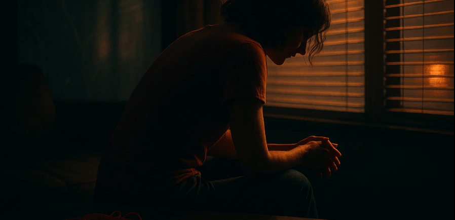 Une femme assise au bord d’un canapé, éclairée par une lumière douce filtrant par des stores