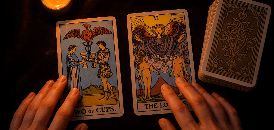 Mains posées sur des cartes de tarot étalées avec bougies en arrière-plan