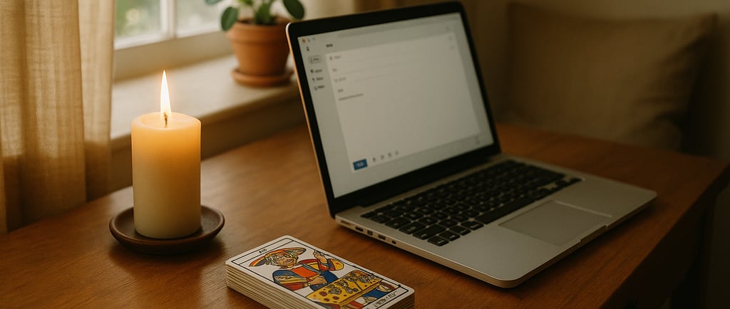 Consultation de voyance par mail avec Pierre Lemestre — photo d’un bureau apaisant, bougie allumée,