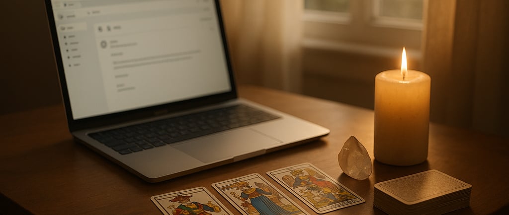 Illustration symbolique de la voyance par mail — un bureau apaisant avec un ordinateur portable affi