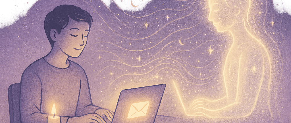 Illustration symbolique représentant la voyance par mail : une personne écrit sur un ordinateur dont