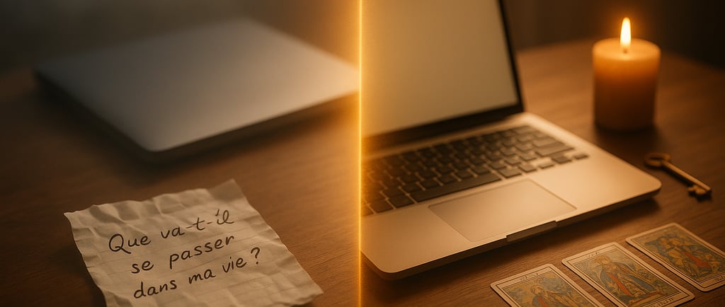 Photo hyper réaliste d’un bureau en bois éclairé par une lumière dorée. À gauche, une feuille froiss