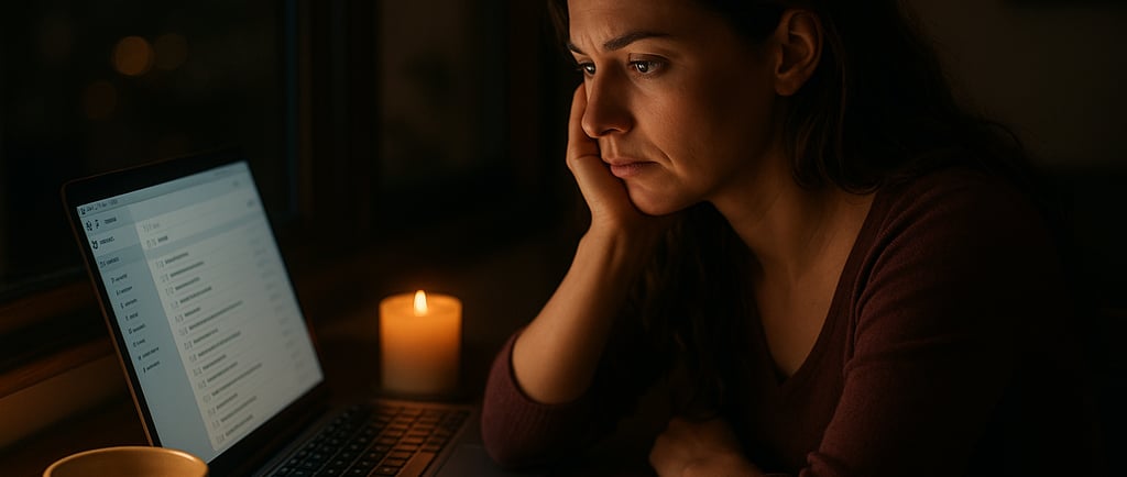 Photo hyper réaliste d’une femme assise seule le soir devant son ordinateur portable, éclairée par u