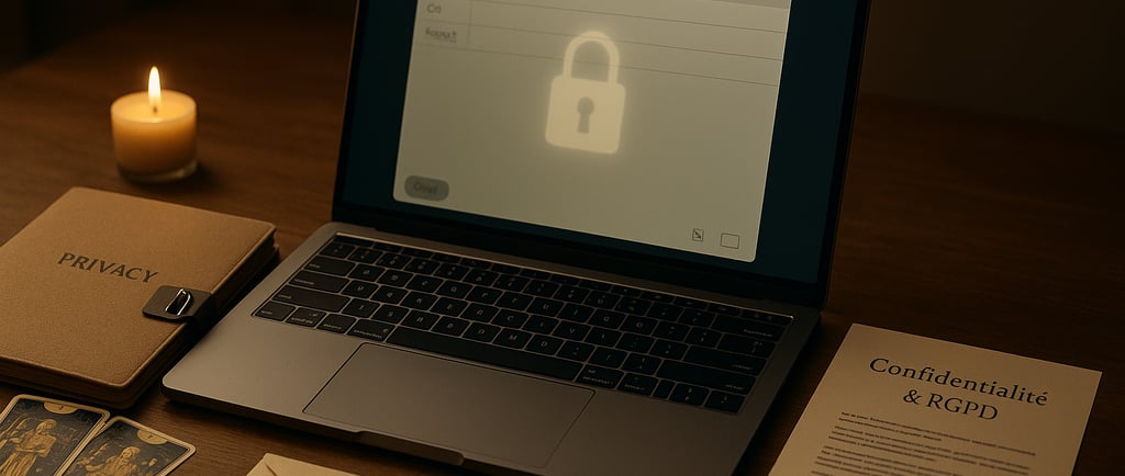 Photo hyper réaliste d’un bureau en bois éclairé par une lumière douce et dorée. Un ordinateur porta