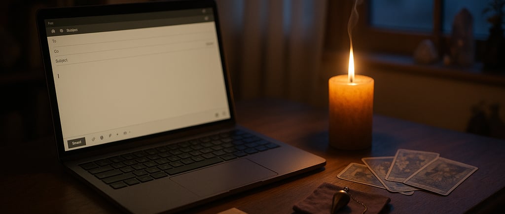 Photo réaliste d’un bureau apaisant avec ordinateur, cartes de tarot et bougie, symbolisant la répon