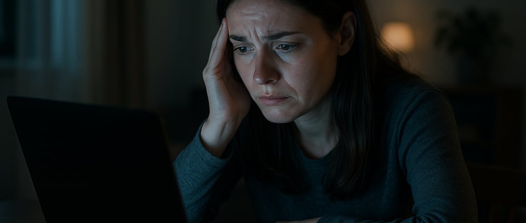 Femme inquiète devant son ordinateur, découvrant un prélèvement inattendu après une fausse voyance g