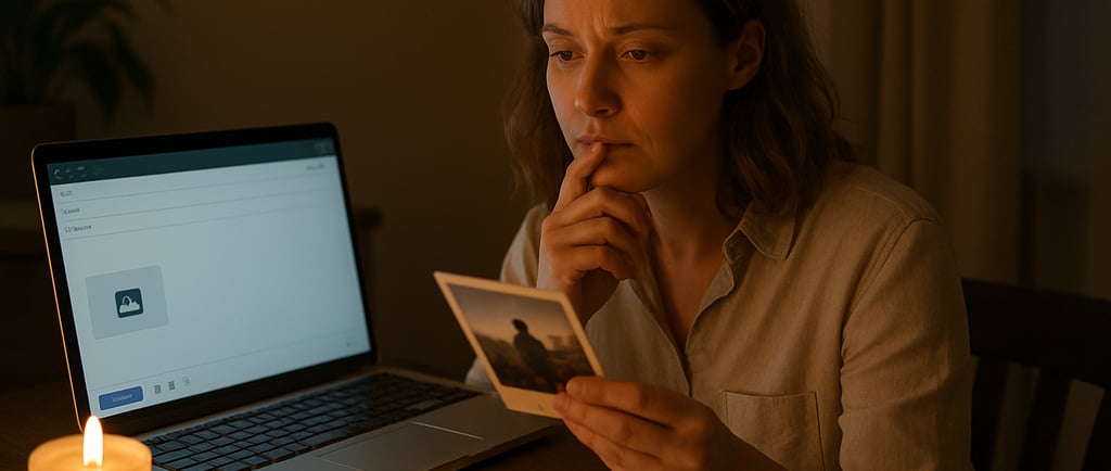 Femme pensive tenant une photo devant son ordinateur, hésitant à l’envoyer pour une consultation de