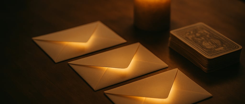 Trois enveloppes posées sur un bureau éclairé par une bougie, symbolisant trois questions envoyées p