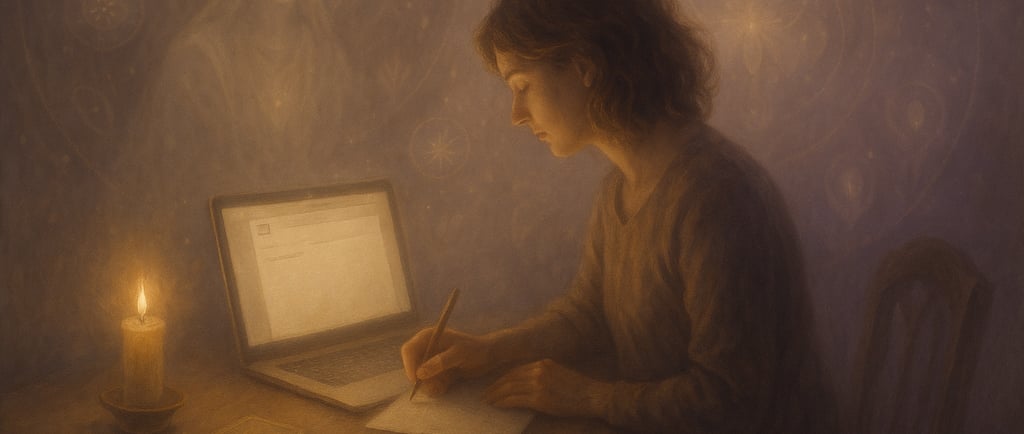 Personne écrivant un email à la lumière d’une bougie, dans une ambiance douce et spirituelle.