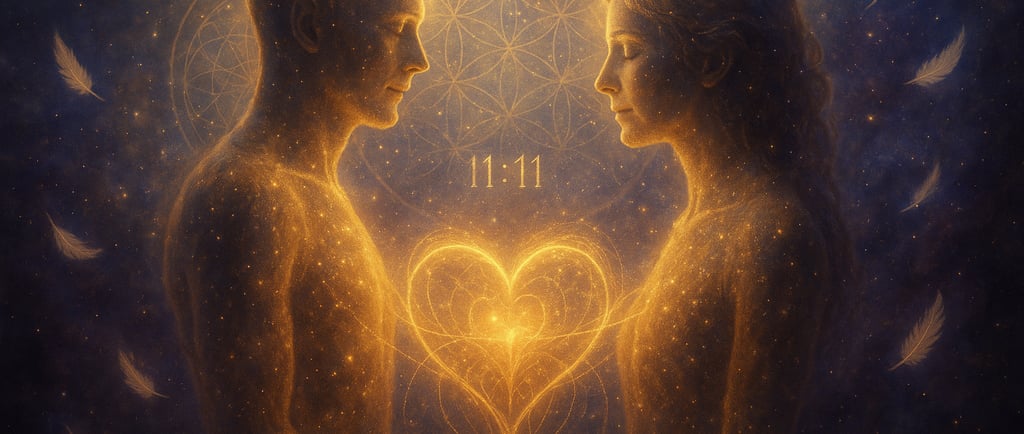 Deux silhouettes lumineuses se faisant face dans un espace cosmique, reliées par une énergie en form