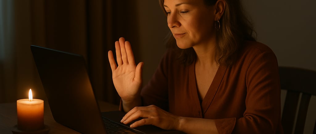 Femme apaisée lisant un email sur son ordinateur, ressentant l’énergie du message