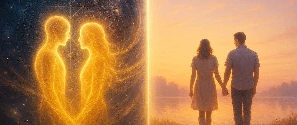 deux âmes face à face, unies par une lumière dorée