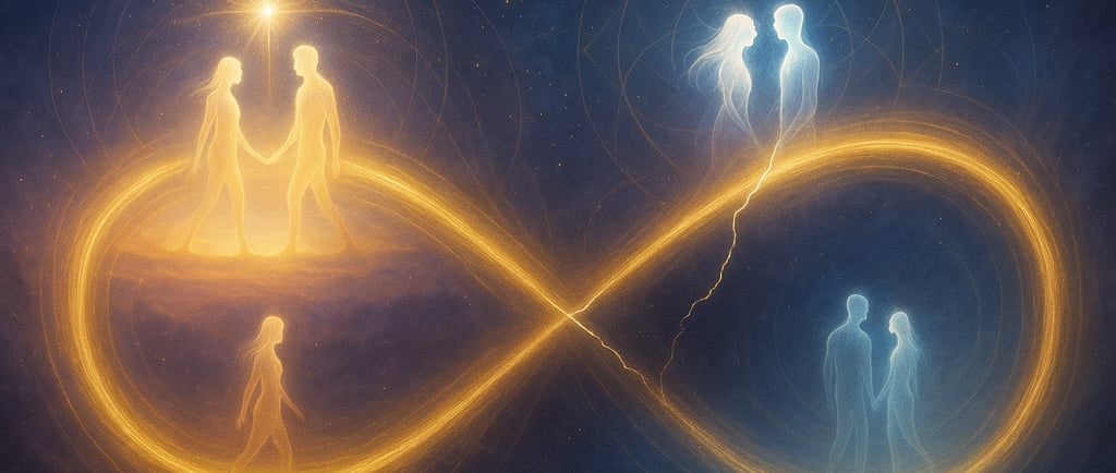 deux âmes lumineuses cheminant à travers un symbole infini doré