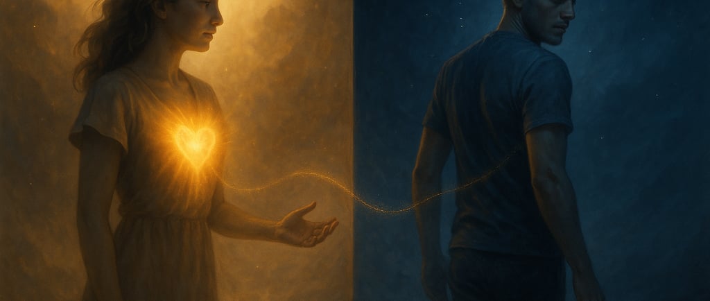 une femme lumineuse tend la main vers un homme qui s’éloigne, reliés par un fil d’énergie doré