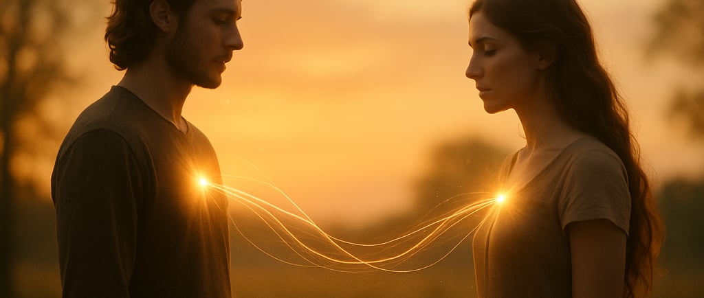 Illustration de la réunion des flammes jumelles — deux âmes se reconnectent à travers une lumière
