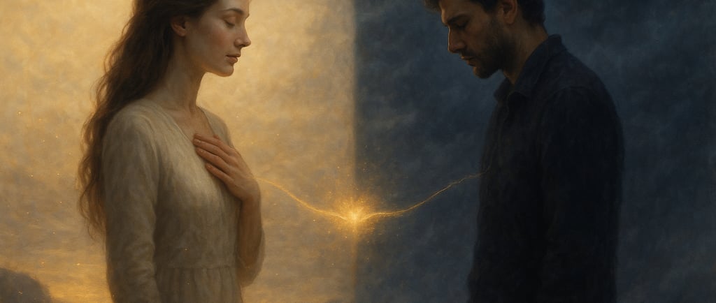 Illustration symbolique d’un couple de flammes jumelles séparées par la lumière et l’ombre