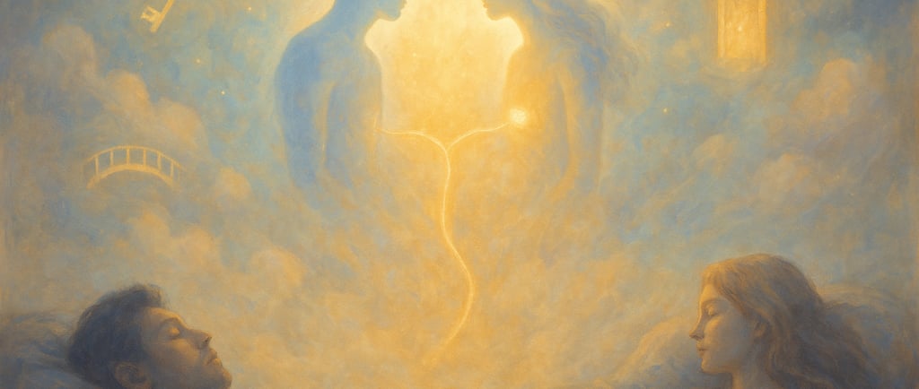 Deux âmes endormies dont les esprits se rejoignent dans un espace de lumière dorée