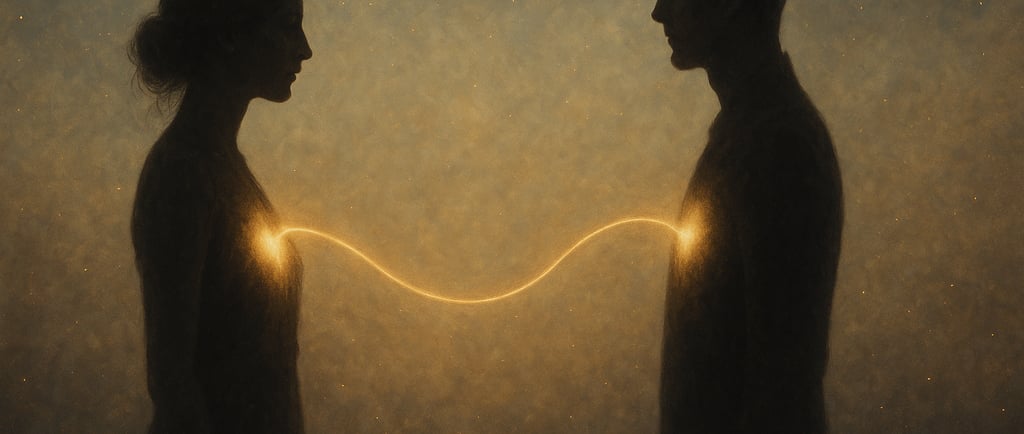Deux silhouettes reliées par un fil doré lumineux symbolisant la télépathie entre flammes jumelles