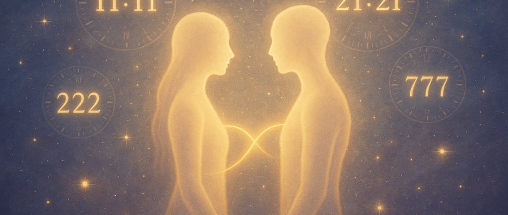 Deux silhouettes lumineuses reliées par un fil d’or flammes jumelles