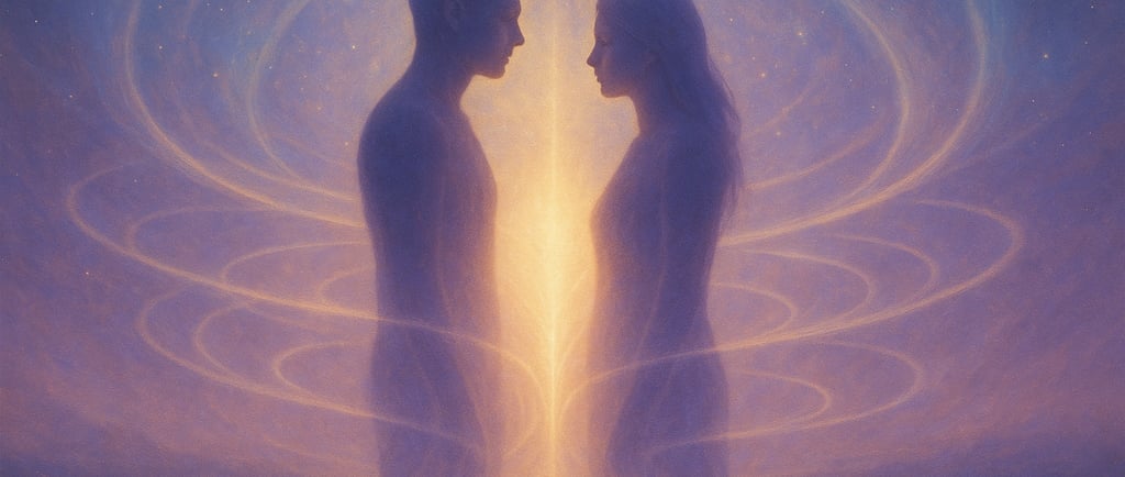 Illustration symbolique de deux silhouettes se faisant face dans une lumière dorée et violette