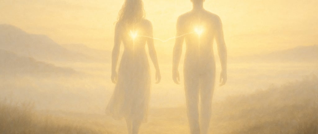 Deux âmes reliées par une lumière dorée marchant vers leur mission de vie commune.