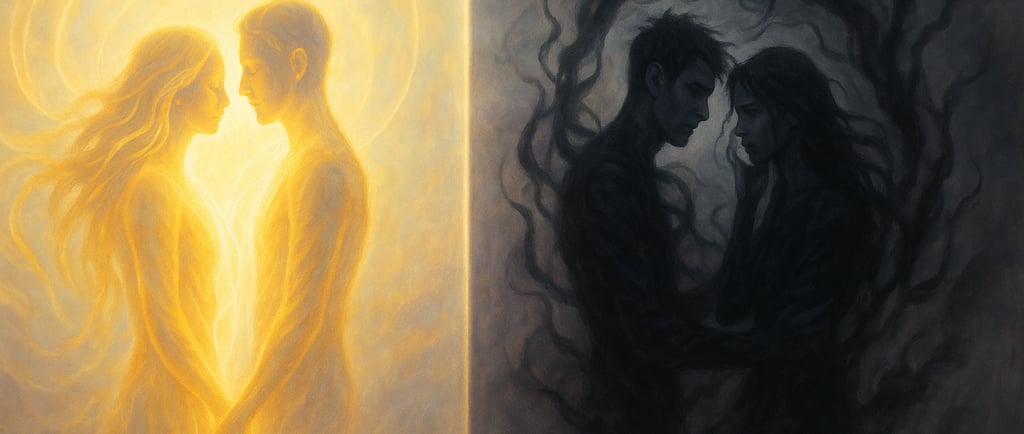 Comparaison flamme jumelle vs lien toxique – lumière et ombre, évolution spirituelle et dépendance.