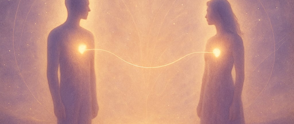 Deux silhouettes lumineuses se faisant face dans un paysage cosmique, reliées par un fil d’énergie