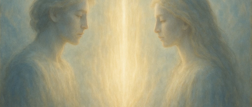 Deux silhouettes lumineuses se font face, séparées par un voile de lumière, évoquant une séparation