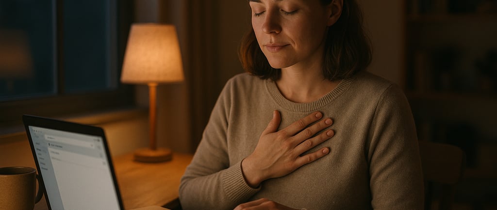 ChatGPT a dit :  Femme au bureau, main sur le cœur, prête à écrire un email.