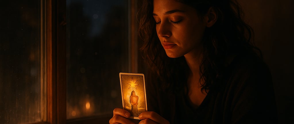 Femme méditant près d’une fenêtre, tenant une carte de voyance lumineuse, symbole d’espoir