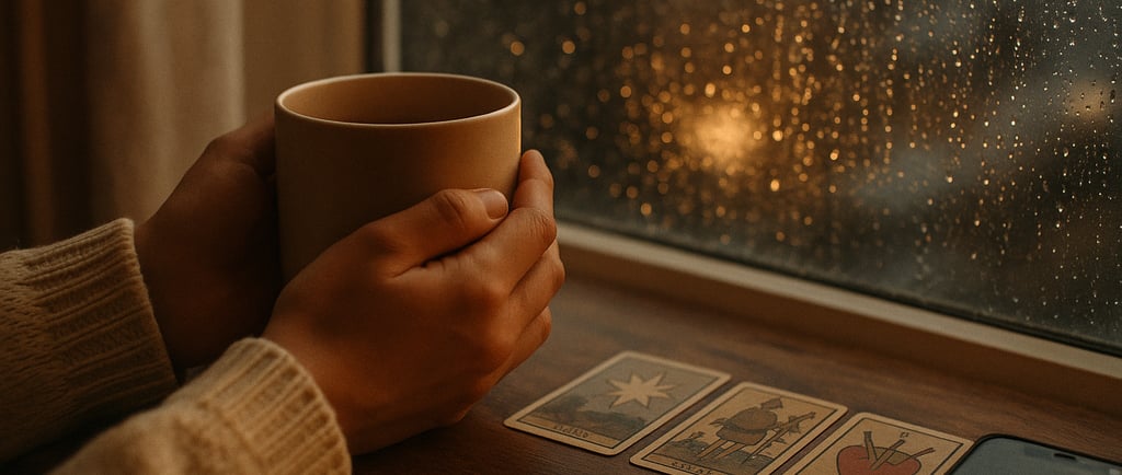 mains tenant un mug devant une fenêtre pluvieuse ; sur la table, tirage tarot flou et téléphone