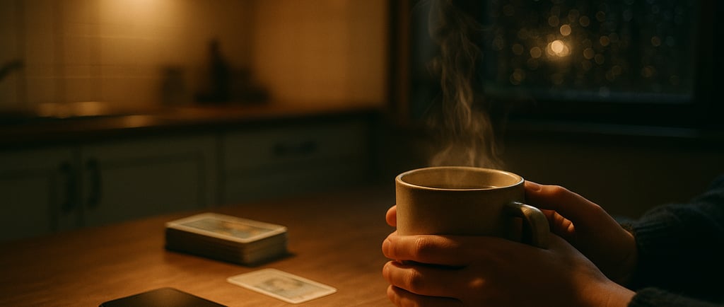 Mains tenant une tasse, téléphone face contre table et cartes de tarot floues