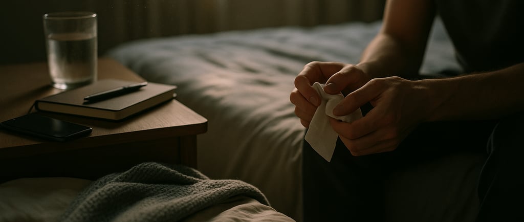 Mains tenant un mouchoir au bord d’un lit défait, téléphone face-vers-le-ba
