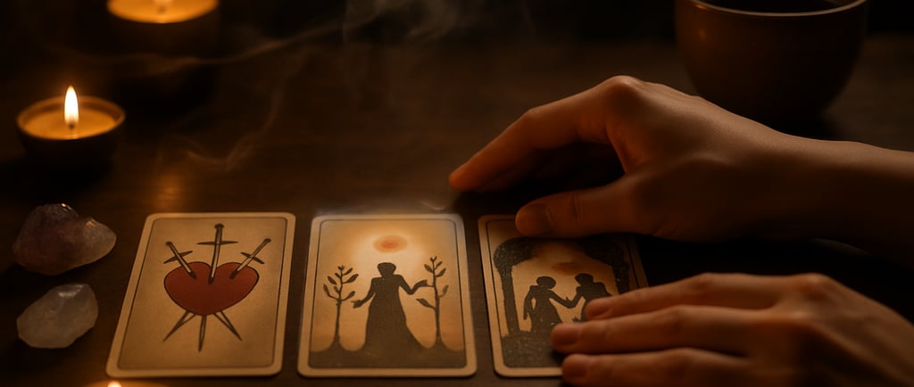 Des mains étalent trois cartes de tarot sur une table en bois éclairée par une bougie