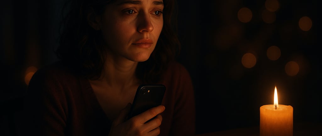 Une femme assise seule dans une lumière tamisée, le visage éclairé par son téléphone