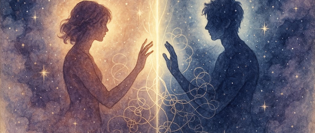 Deux silhouettes séparées par une barrière lumineuse symbolisant l'amour impossible et la connexion 