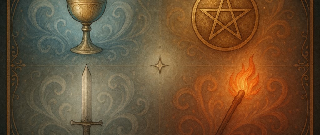 Les 4 enseignes des arcanes mineurs du tarot : Coupes, Deniers, Épées et Bâtons